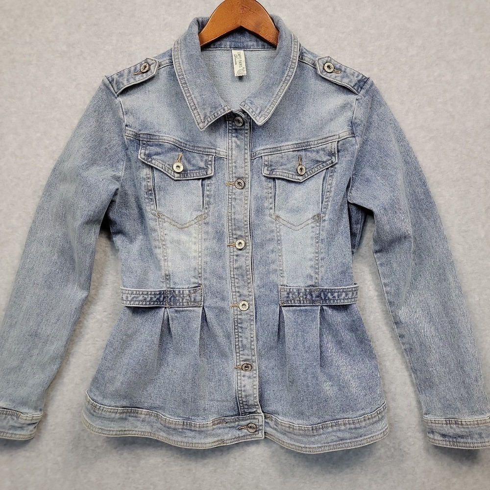 TEMPO PARIS Faded Denim Utility Jacket Womens Sz Small Y2K Fitted Cotton Stretch